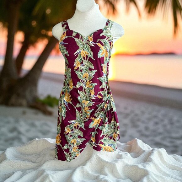 Hawaiian Vintage Red Tropical Floral Sarong Dress USA Made Sweetheart Neckline - Picture 1 of 9
